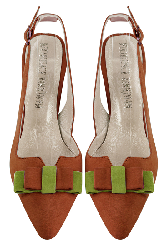 Terracotta orange women's open back shoes, with a knot. Tapered toe. Medium comma heels. Top view - Florence KOOIJMAN